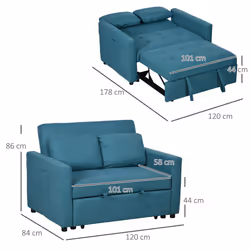 HOMCOM 2 Seater Sofa Bed Convertible Bed Settee with Cushions, Pockets, Blue - Additional view 6