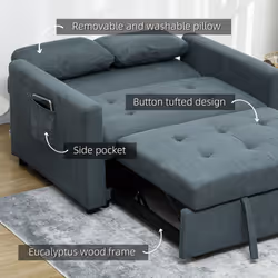 HOMCOM 2 Seater Sofa Bed Convertible Bed Settee with Cushions, Pockets, Grey - Additional view 4