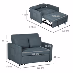 HOMCOM 2 Seater Sofa Bed Convertible Bed Settee with Cushions, Pockets, Grey - Additional view 6