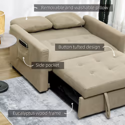 HOMCOM 2 Seater Sofa Bed Convertible Bed Settee with Cushions, Pockets, Brown - Additional view 4