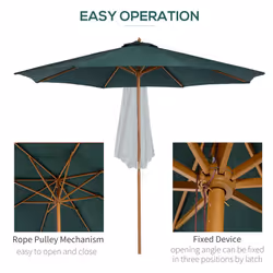 Outsunny Wooden Garden Parasol with Rope Pulley Mechanism and 8 Ribs Dark Green