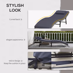 Outsunny Folding Rattan Sun Lounger with Cushion and Pillow, Grey - Additional view 4