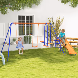Outsunny 4 in 1 Metal Kids Swing Set w/ Double Swings, Glider, Slide, Ladder