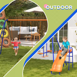 Outsunny 4 in 1 Metal Kids Swing Set w/ Double Swings, Glider, Slide, Ladder