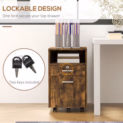 Vinsetto Mobile File Cabinet Lockable Documents Storage w/ 5 Wheels Rustic Brown