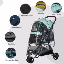 PawHut Dog Stroller for XS Dogs, S Dogs, Cats with Rain Cover - Green - Additional view 5