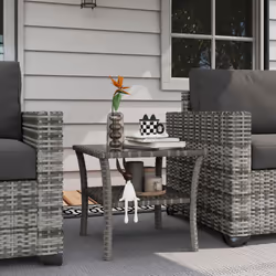 Outsunny PE Rattan Coffee Table, Two-tier Side Table with Glass Top, Grey
