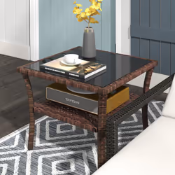 Outsunny PE Rattan Coffee Table, Two-tier Side Table with Glass Top, Brown