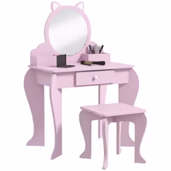 ZONEKIZ Kids Dressing Table, Cat Design w/ Mirror, Stool, Drawer, Storage Box