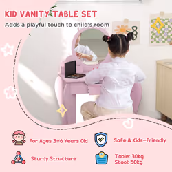 ZONEKIZ Kids Dressing Table, Cat Design w/ Mirror, Stool, Drawer, Storage Box