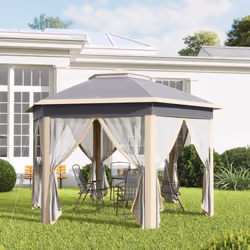 Outsunny 3x4m Hexagon Gazebo w/ Mesh Curtains Outdoor Garden, Khaki