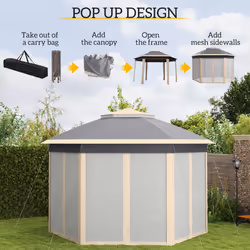 Outsunny 3x4m Hexagon Gazebo w/ Mesh Curtains Outdoor Garden, Khaki