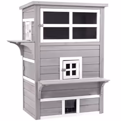 PawHut 3-Tier Wooden Kitten Shelter for Indoor, Outdoor - Grey