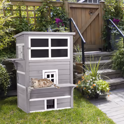 PawHut 3-Tier Wooden Kitten Shelter for Indoor, Outdoor - Grey