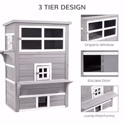 PawHut 3-Tier Wooden Kitten Shelter for Indoor, Outdoor - Grey