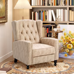 HOMCOM Marble Effect Manual Reclining Armchair w/ Footrest Studs Wood Legs Beige