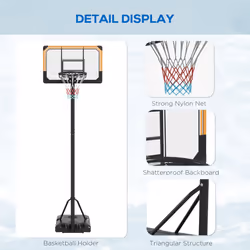 SPORTNOW Basketball Backboard Hoop Net Set System w/ Wheels, 182-213cm - Black - Additional view 7