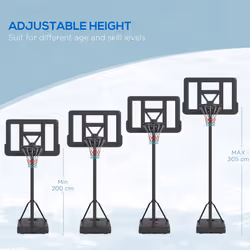 SPORTNOW Basketball Backboard Hoop Net Set w/ Wheels, 200-305cm - Black - Additional view 4