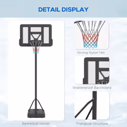 SPORTNOW Basketball Backboard Hoop Net Set w/ Wheels, 200-305cm - Black - Additional view 7