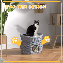 PawHut 2-Tier Elevated Pet Cushion Bed Basket Willow Cat Tree House Condo Kennel - Additional view 6