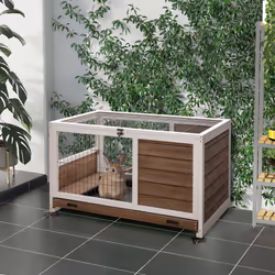PawHut Wooden Guinea Pig Hutch 2-Floor Design w/ Wheels, Brown