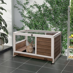 PawHut Wooden Guinea Pig Hutch 2-Floor Design w/ Wheels, Brown