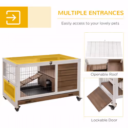 PawHut Wooden Guinea Pig Hutch 2-Floor Design w/ Wheels, Brown