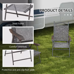 Outsunny Folding Chairs Set w/ Armrest, Breathable Mesh Fabric Seat, Grey - Additional view 5