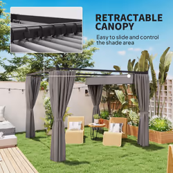 Outsunny 3 x 3(m) Pergola with Retractable Roof and Curtains, Light Grey