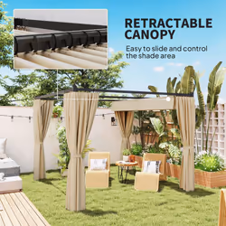Outsunny 3 x 3(m) Pergola with Retractable Roof and Curtains, Beige