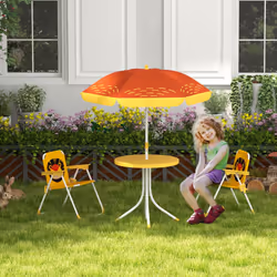 Outsunny Kids Bistro Table and Chair Set w/ Lion Theme, Adjustable Parasol