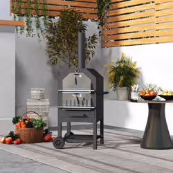 Outsunny Outdoor Pizza Oven Charcoal Grill with Rain Cover, Shelf and Wheels