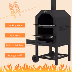 Outsunny Outdoor Pizza Oven Charcoal Grill with Rain Cover, Shelf and Wheels