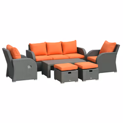 Outsunny 6pc Padded Outdoor Rattan Wicker 3-Seat Sofa Recliner Footstool Table - Additional view 8