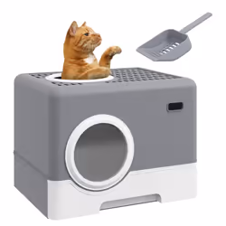 PawHut Enclosed Cat Litter Tray with Lid, Front Entry, Top Exit, Scoop - Grey