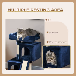 PawHut Cat Rest & Play Activity Tree w/ 2 House Perch Scratching Post Navy Blue