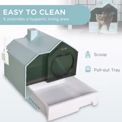 PawHut Hooded Cat Litter Tray w/ Scoop, Drawer Pan Handle Deodorants Light Blue