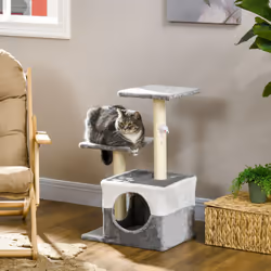 PawHut Cat Tree w/ Sisal Scratching Posts, House, Perches, Toy Mouse - Grey