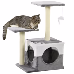 PawHut Cat Tree w/ Sisal Scratching Posts, House, Perches, Toy Mouse - Grey - Additional view 8