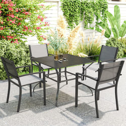 Outsunny Garden Table with Parasol Hole for Four, Slatted Metal Plate Top Grey