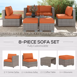 Outsunny 8pc Outdoor Patio Furniture Set Weather Wicker Rattan Sofa Chair Orange