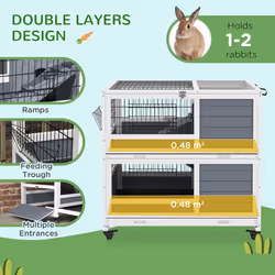 PawHut Double Deckers Indoor Rabbit Hutch w/ Feeding Trough, Slide-Out Trays