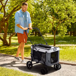 PawHut Foldable Pet Stroller w/ Detachable Carrier, Soft Padding - Grey