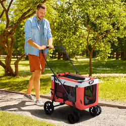 PawHut Foldable Pet Stroller w/ Detachable Carrier, Soft Padding - Red