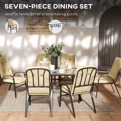 Outsunny 7 PCs Garden Dining Set w/ Umbrella Hole & Cushion, Beige - Additional view 5