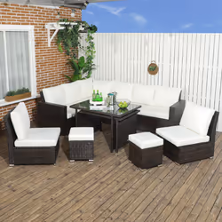 Outsunny 10-Seater Sofa Sectional w/ Cushioned Seat, Footstools and Glass Table