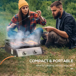 Outsunny Portable Gas Plancha BBQ Grill with 2 Stainless Steel Burner, 10kW
