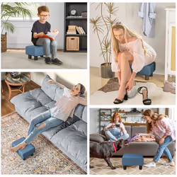 HOMCOM Chic Linen Fabric Footstool Ottoman Cube with 4 Plastic Legs Blue