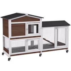 PawHut Wooden Rabbit Hutch Guinea Pig Cage w/ Wheels, Run, Ramp, Brown - Additional view 8