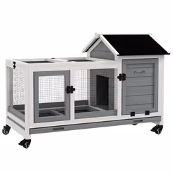 PawHut Wooden Rabbit Hutch, Small Animal House w/ Wheels, Removable Tray - Grey